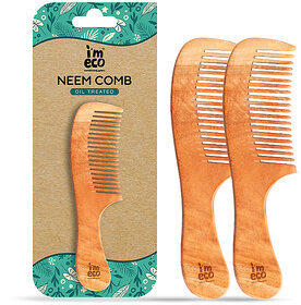 IMECO Neem Wood Wide Tooth Comb Pack of 2  Anti-Static  Eco-Friendly  Suitable for All Hair Types