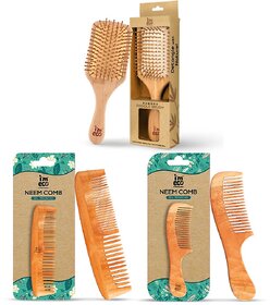 IMECO Neem Wood Combs (Dual Tooth  Wide Tooth)  Bamboo Paddle Hair Brush Combo (Pack of 3)