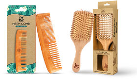 IMECO Neem Wood Dual Tooth Comb  Bamboo Paddle Hair Brush for Men  Women (Pack of 2)