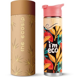IMECO Bamboo Bottle Stainless Steel Printed Bottle  Premium Bottle Hot  Cold  Leakproof  Comes with Strainer  Double-Wall Vaccum Insulated  Travel  Adult  Kids (Harmony  500 ML)