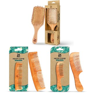 IMECO Neem Wood Combs (Dual Tooth  Wide Tooth)  Bamboo Paddle Hair Brush Combo (Pack of 3)