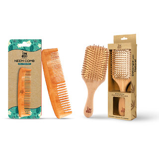 IMECO Neem Wood Dual Tooth Comb  Bamboo Paddle Hair Brush for Men  Women (Pack of 2)