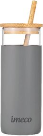 IMECO ECO-SIP 450ml Drinks Glass Tumbler with Bamboo Lid and Straw (Grey), Glass Sipper Mug Ideal for Home and Office