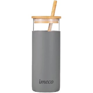 IMECO ECO-SIP 450ml Drinks Glass Tumbler with Bamboo Lid and Straw (Grey), Glass Sipper Mug Ideal for Home and Office