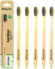 (Pack of 5) DENCRUS Natural Bamboo Toothbrus Charcoal Activated Soft Bristles for Gentle Cleaning