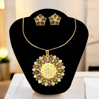 Trendy Gold-Plated Locket Chain Set with Earrings Meenakari Pendant Necklace