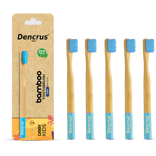 DENCRUS Orby Kids Bamboo Toothbrush Soft Bristles For Gentle Cleaning - Pack of 5 (Blue)