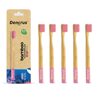 DENCRUS Orby Kids Bamboo Toothbrush Soft Bristles For Gentle Cleaning - Pack of 5 (Pink)
