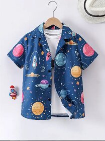 Boys Space Print Short Sleeve Button Down Shirt, White with Blue and Yellow Pattern, Casual Cotton