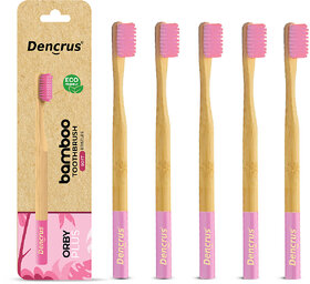 DENCRUS Orby Plus Bamboo Toothbrush For Adults Soft Bristles For Gentle Cleaning - Pack of 5 (Pink)
