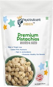 MAHARANI FOODS PREMIUM ROASTED AND SALTED PISTACHIOS 500 GMS POUCH CRUNCHY AND NUTTY FLAVOUR GREAT TASTE EXCEL