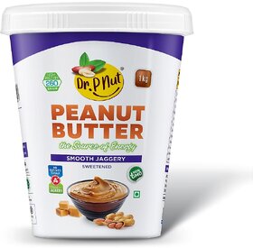 Dr. P Nut Peanut Butter Smooth Jaggery Spread 1kg  30g Protein  Vegan  Tasty  Healthy Peanut Butter