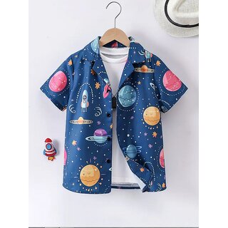 Boys Space Print Short Sleeve Button Down Shirt, White with Blue and Yellow Pattern, Casual Cotton