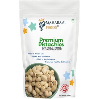 MAHARANI FOODS PREMIUM ROASTED AND SALTED PISTACHIOS 500 GMS POUCH CRUNCHY AND NUTTY FLAVOUR GREAT TASTE EXCEL