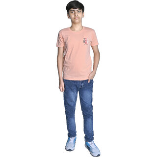 Kid Kupboard Cotton Boys T-Shirt, Peach, Half-Sleeves, Above 14 Years KIDS7571