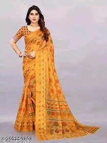 Yellow Colour Cotton Printed saree With Blouse Piece