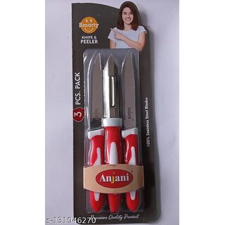 3 Pc Stainless Steel Knife Set Knife Set/PEELAR Set/3 PC/ Red  White