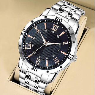 HRV New Stylish Look black Roman Dial Silver Stainless Steel Strap Analogue Men's Watch Analog Watch - For Men