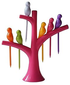 Birdie Plastic Fruit Fork Set with Stand 6-Pieces Multicolour