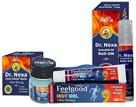 Dr Nexa Combo of 3, Pain Relief Balm 10gm, Essential Oil Roll-On 10ml With Hot gel Ultra Strong Instant Pain Relief 30gm