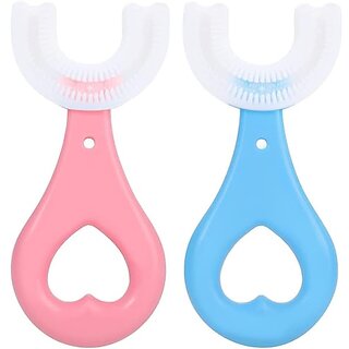 Toothbrush for Kids with U Shaped Silicone Brush Head for 360 Degree Cleaning Suitable For 2-6 Years Manual Heart Design Multicolor Pack of 2