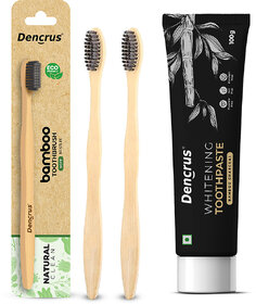 (Pack of 3) DENCRUS Charcoal Toothpaste + 2 Bamboo Toothbrush Set Natural Whitening & Detox Oral Care Kit
