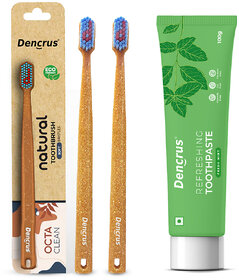 DENCRUS Mint Toothpaste And Octa Clean Bamboo Toothbrush (Pack of 2), Mint Oral Care Combo