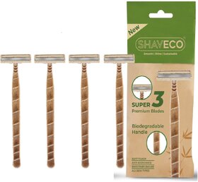SHAVECO Bamboo Disposable Razor for Men, 3 Blades with Pivot Head And Lubricating Strip, Pack of 4