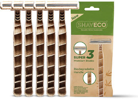 (Pack of 5) SHAVECO Menâs Bamboo Disposable Razor â 3 Blades, Pivoting Head, Lubricating Strip