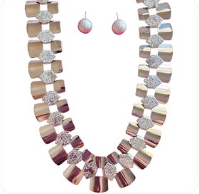 Silver Tone Tile Statement Design Necklace with Studded Earrings Set  Studded Statement Necklae for women