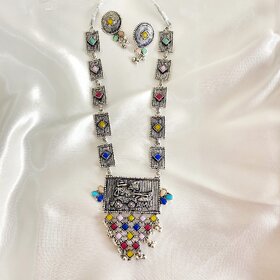 Elegant Long Pendant Style Oxidized Silver Tone Necklace and Earrings Set  Brass Alloy Necklace with Earrings for Women