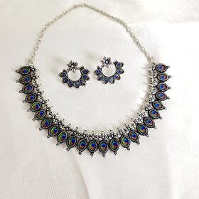 Elegant  Stylish Peacock Color Design Oxidized Silver Tone Necklace and Earrings Set   For women