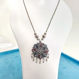 Elegant Long Pendant Style Oxidized Silver Tone Necklace and Earrings Set  Brass Alloy Necklace with Earrings for Women