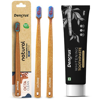 DENCRUS Charcoal Toothpaste And Octa Clean Bamboo Toothbrush (Pack of 2), Charcoal Oral Care Combo