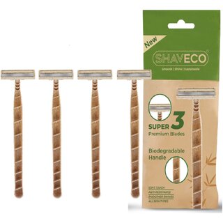 SHAVECO Bamboo Disposable Razor for Men, 3 Blades with Pivot Head And Lubricating Strip, Pack of 4