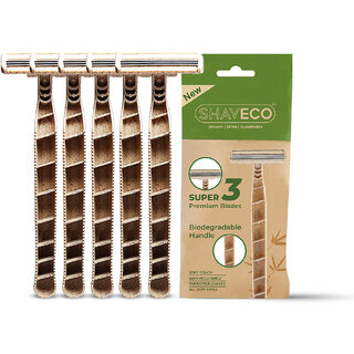 (Pack of 5) SHAVECO Menâ€™s Bamboo Disposable Razor â€“ 3 Blades, Pivoting Head, Lubricating Strip