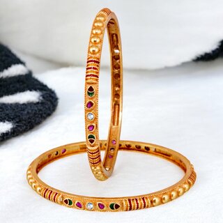 18k One Gram Gold Plated Traditional Designer Pack of 2 Bangle Set For Women