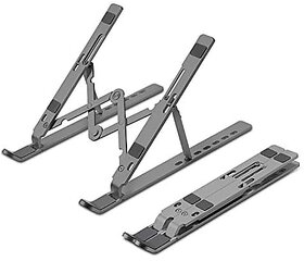ZEBRONICS Aluminium Alloy Laptop Stand Compatible with 9-15.6 inch Laptops 7 Angles Adjustable Tabletop Anti Slip Silicon Rubber Pads Foldable Velvet Pouch Inside Zeb-NS2000 (Dark Grey).