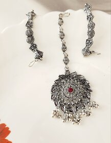 Oxidized silver- plated pink stone maangtika  Earcuff Combo (set pack of 1)