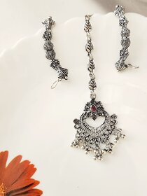 Oxidized silver- plated pink stone maangtika  Earcuff Combo (set pack of 1)