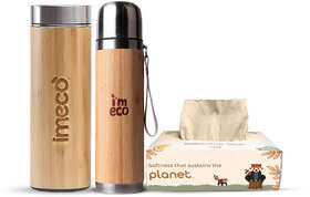 IMECO Bamboo Thermos Flask, Bamboo Flat Head Bottle, Bamboo Facial Tissues (200 Pulls), Everyday Essential Combo