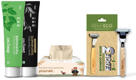 IMECO Bamboo Facial Tissue (200 Pulls), Mint And Charcoal Toothpaste, Bamboo Edge 3 Razor, Refreshing Care Combo