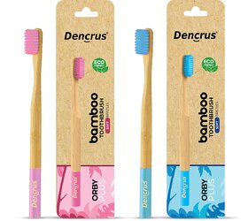 DENCRUS Orby Plus Bamboo Toothbrush For Adults (Blue, Pink), Natural Soft Bristles, Eco-Friendly Toothbrush