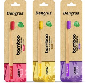 (Pack of 3) DENCRUS Orby Plus Bamboo Toothbrush For Adults (Lavender, Yellow, Red), Natural Soft Bristles, Eco-Friendly