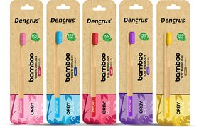 DENCRUS Orby Plus Bamboo Toothbrush For Adults (Red, Blue, Yellow, Lavender, Pink), Natural Soft Bristles