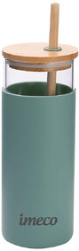 IMECO ECO-SIPPER Glass Sipper Bottle with Stylish Bamboo Lid And Straw 450 ml (Green)