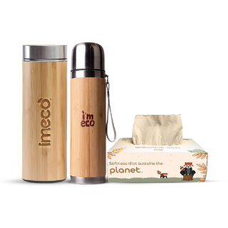 IMECO Bamboo Thermos Flask, Bamboo Flat Head Bottle, Bamboo Facial Tissues (200 Pulls), Everyday Essential Combo