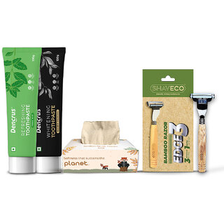 IMECO Bamboo Facial Tissue (200 Pulls), Mint And Charcoal Toothpaste, Bamboo Edge 3 Razor, Refreshing Care Combo