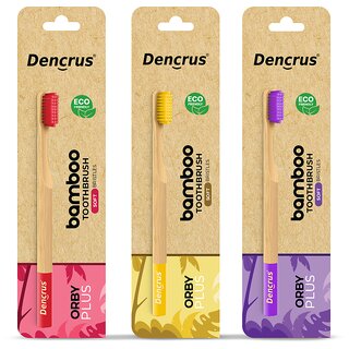 (Pack of 3) DENCRUS Orby Plus Bamboo Toothbrush For Adults (Lavender, Yellow, Red), Natural Soft Bristles, Eco-Friendly