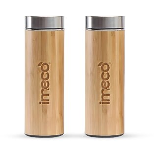IMECO ECO-POUR Flat Head Bamboo Bottle with Stainless Steel Lid 450 ml (Pack of 2)